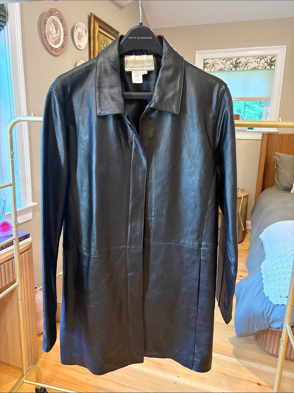 Coldwater Creek Black Leather Long Jacket with Classic Collar